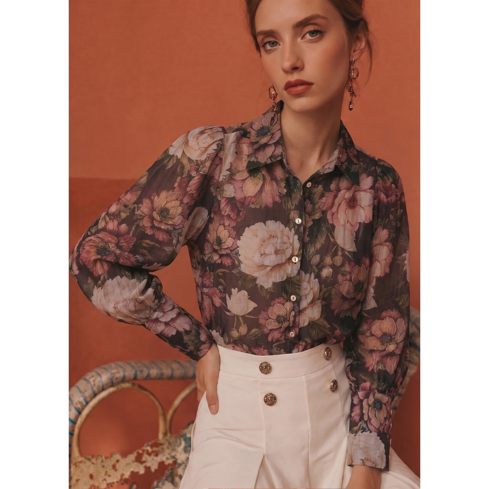 Bailey 44 Women's Burgundy Floral Semi‑Sheer Button Down Blouse Top Small